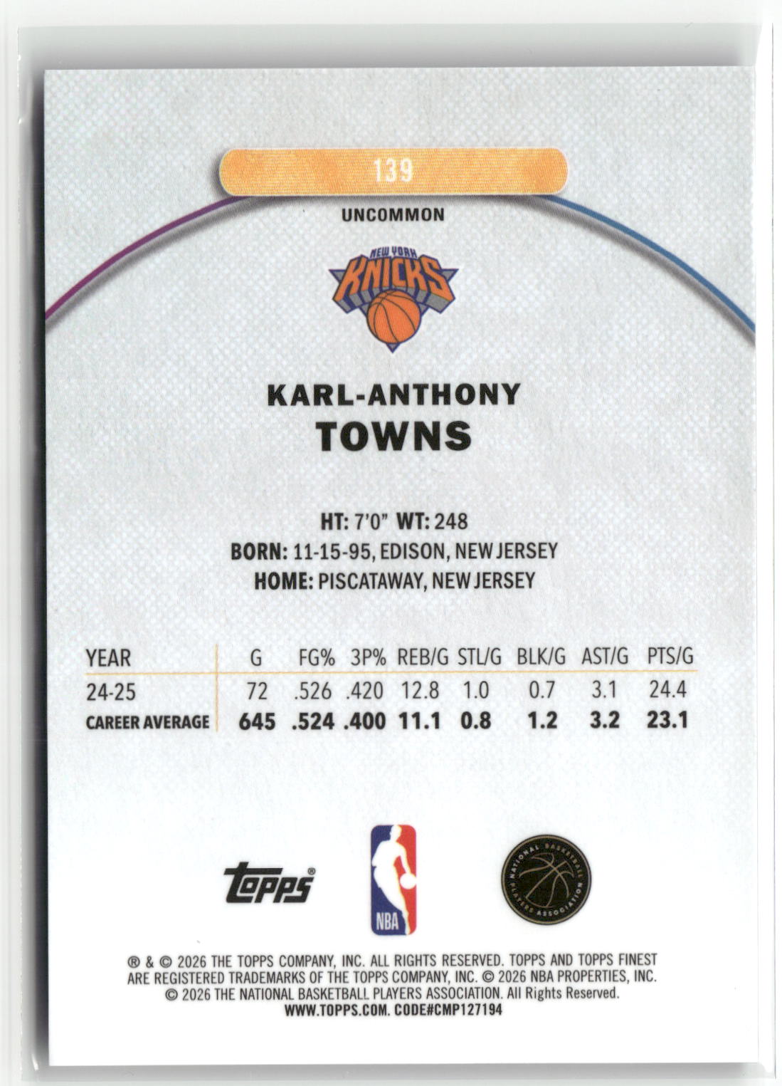 2025-26 Finest #139 Karl-Anthony Towns Purple X-Fractor #/99-2