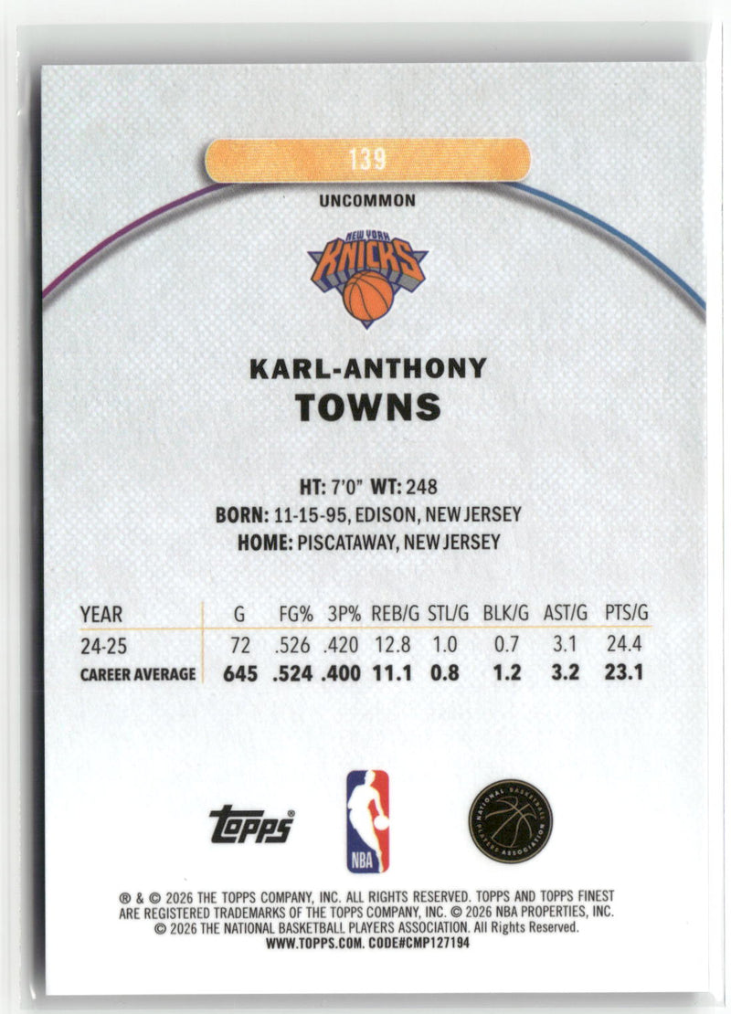 2025-26 Finest #139 Karl-Anthony Towns Purple X-Fractor #/99-2