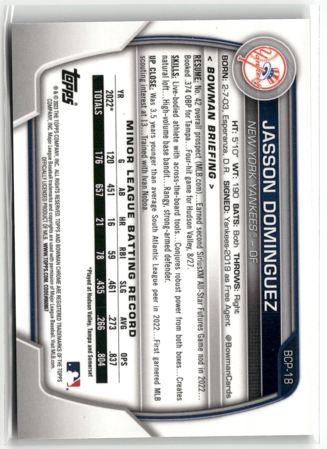 2023 Bowman #BCP-18 Jasson Dominguez Chrome Mojo Purple Refractors #/250-2