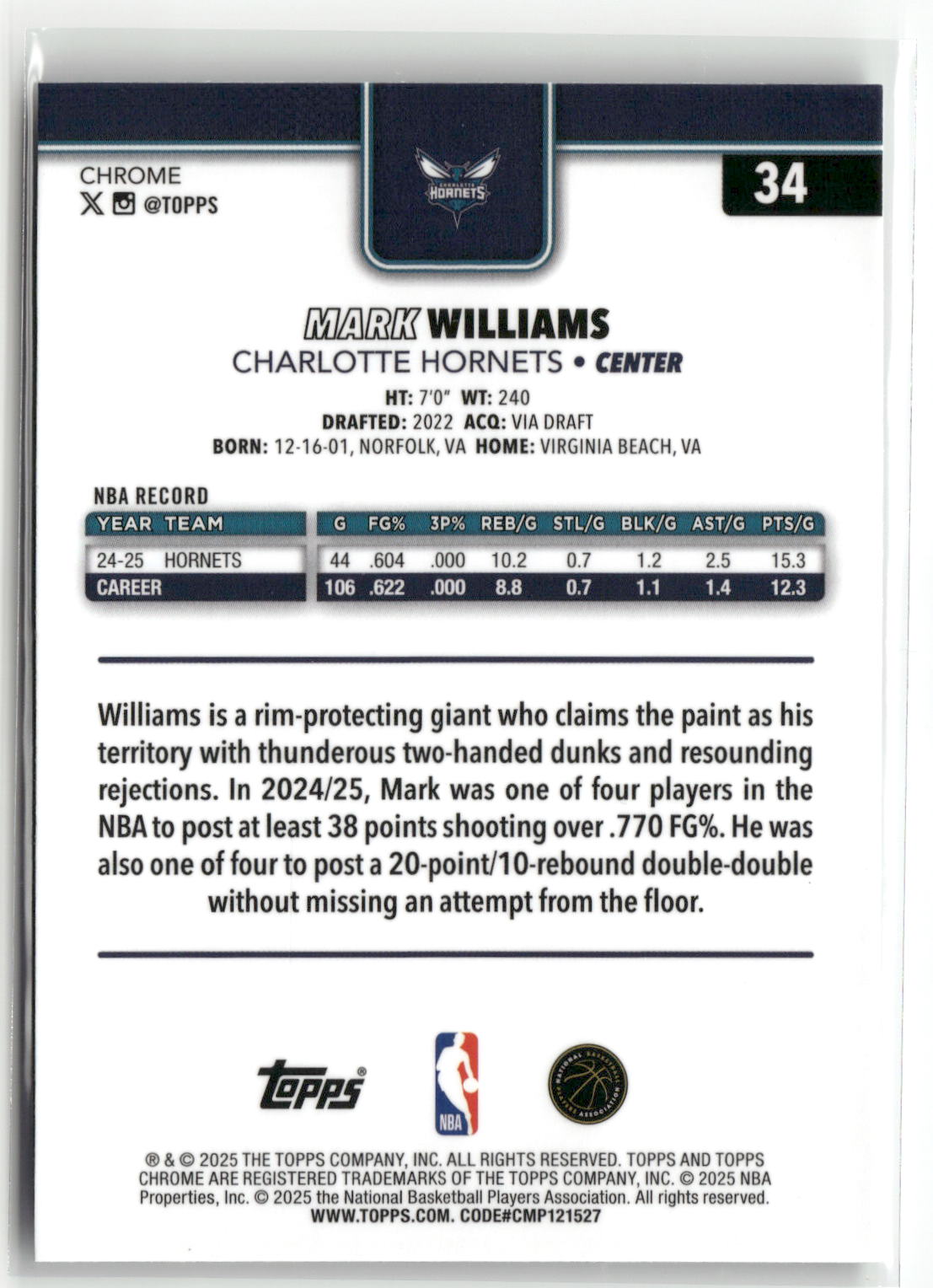2025-26 Topps Chrome #34 Mark Williams Aqua Basketball Refractor #/199-2