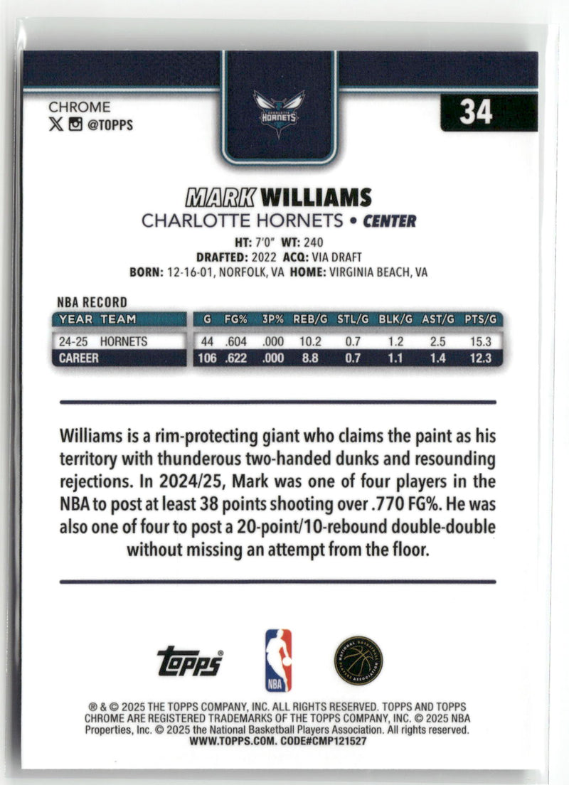 2025-26 Topps Chrome #34 Mark Williams Aqua Basketball Refractor #/199-2
