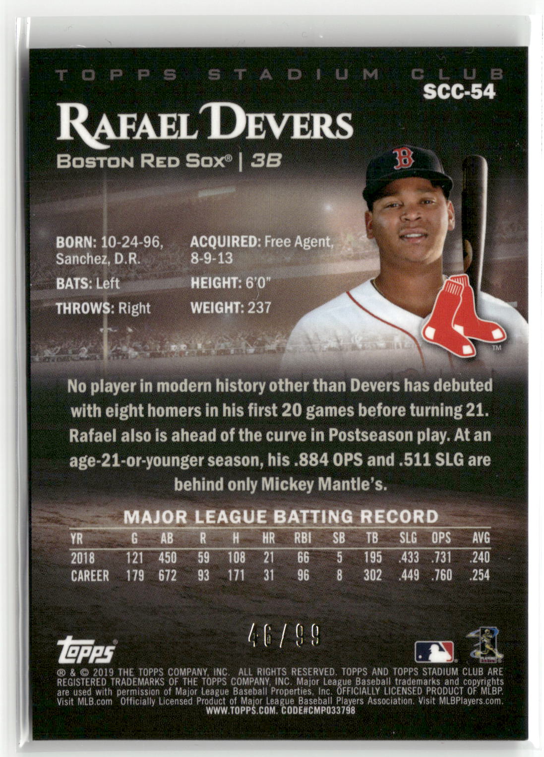 2019 Stadium Club #SCC-54 Rafael Devers Chrome Orange Refractor #/99-2