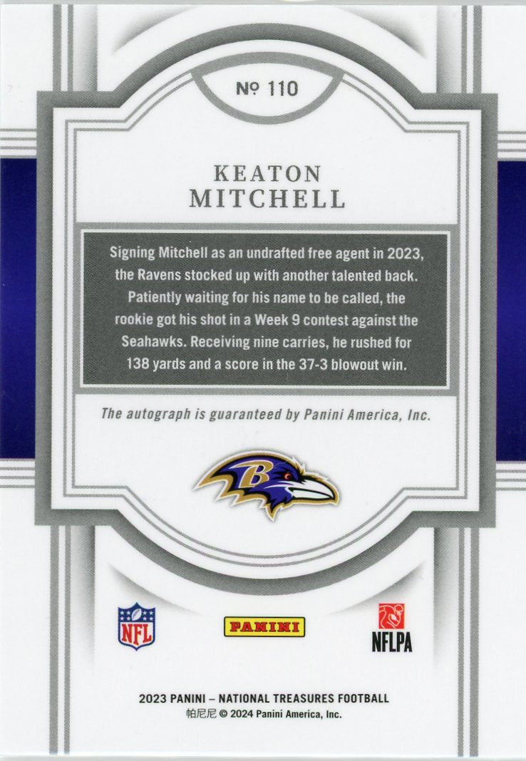 2023 Panini National Treasures #110 Keaton Mitchell #/99 Auto RC-2