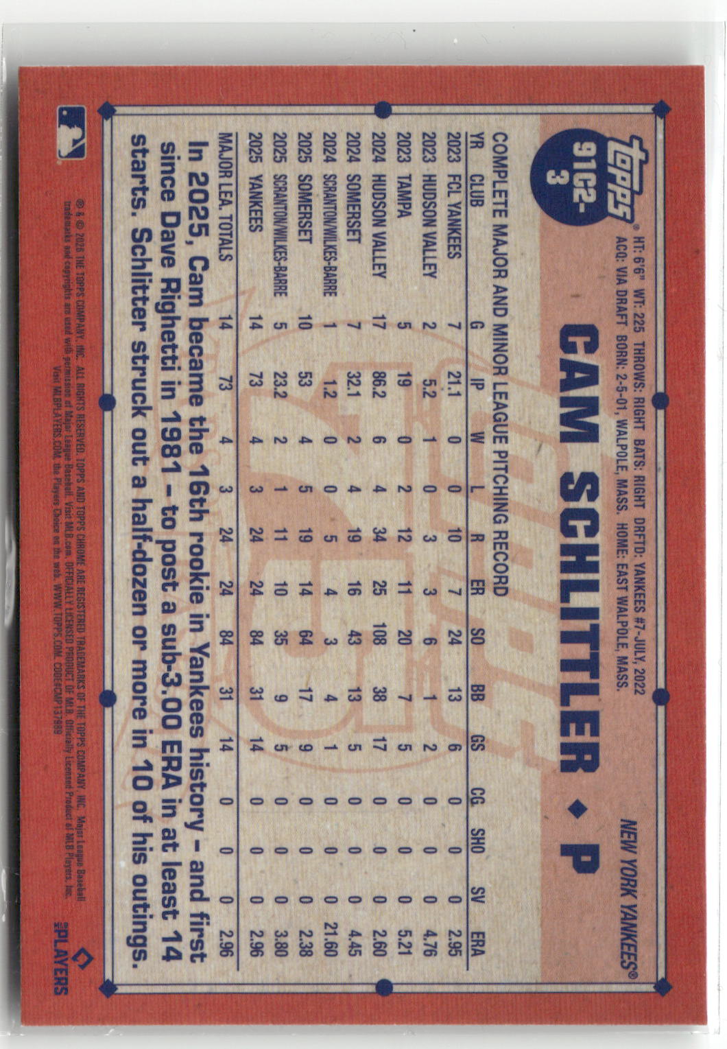 2026 Topps S1 Chrome #91C2-3 Cam Schlittler 1991 Baseball 35th Anniversary-2