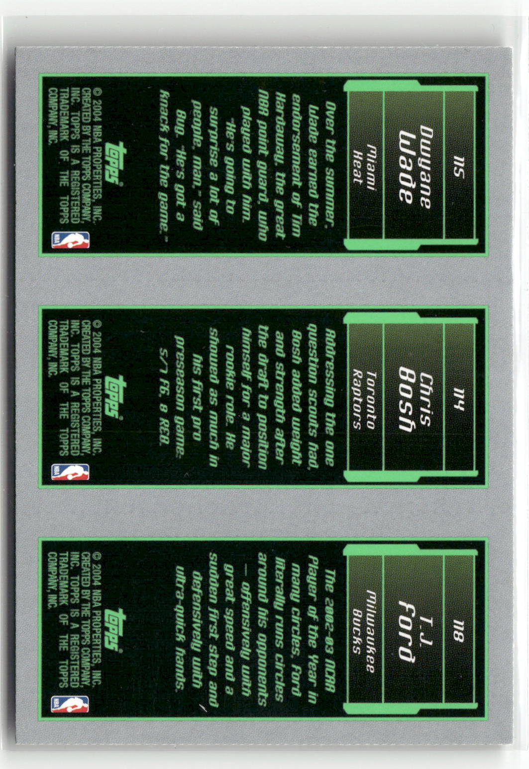2003-04 Topps Rookie Matrix #118 #114 #115 T.J. Ford / Chris Bosh / Dwyane Wade-2