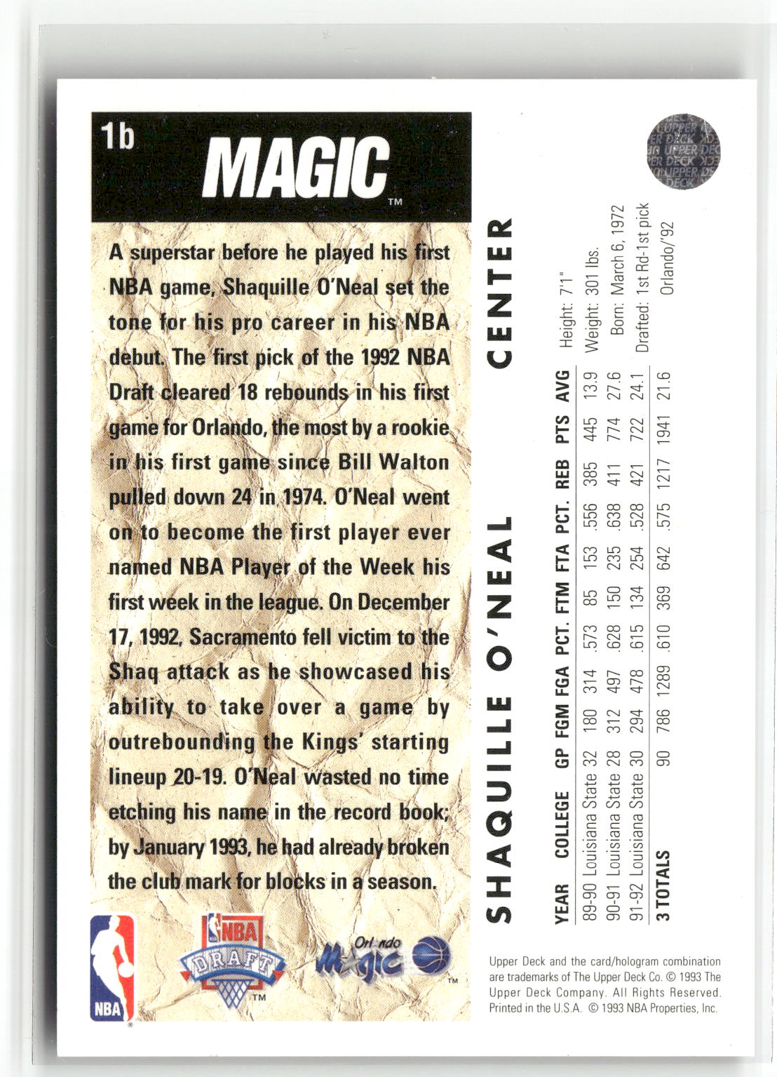 1992-93 Upper Deck #1b Shaquille O'Neal-2