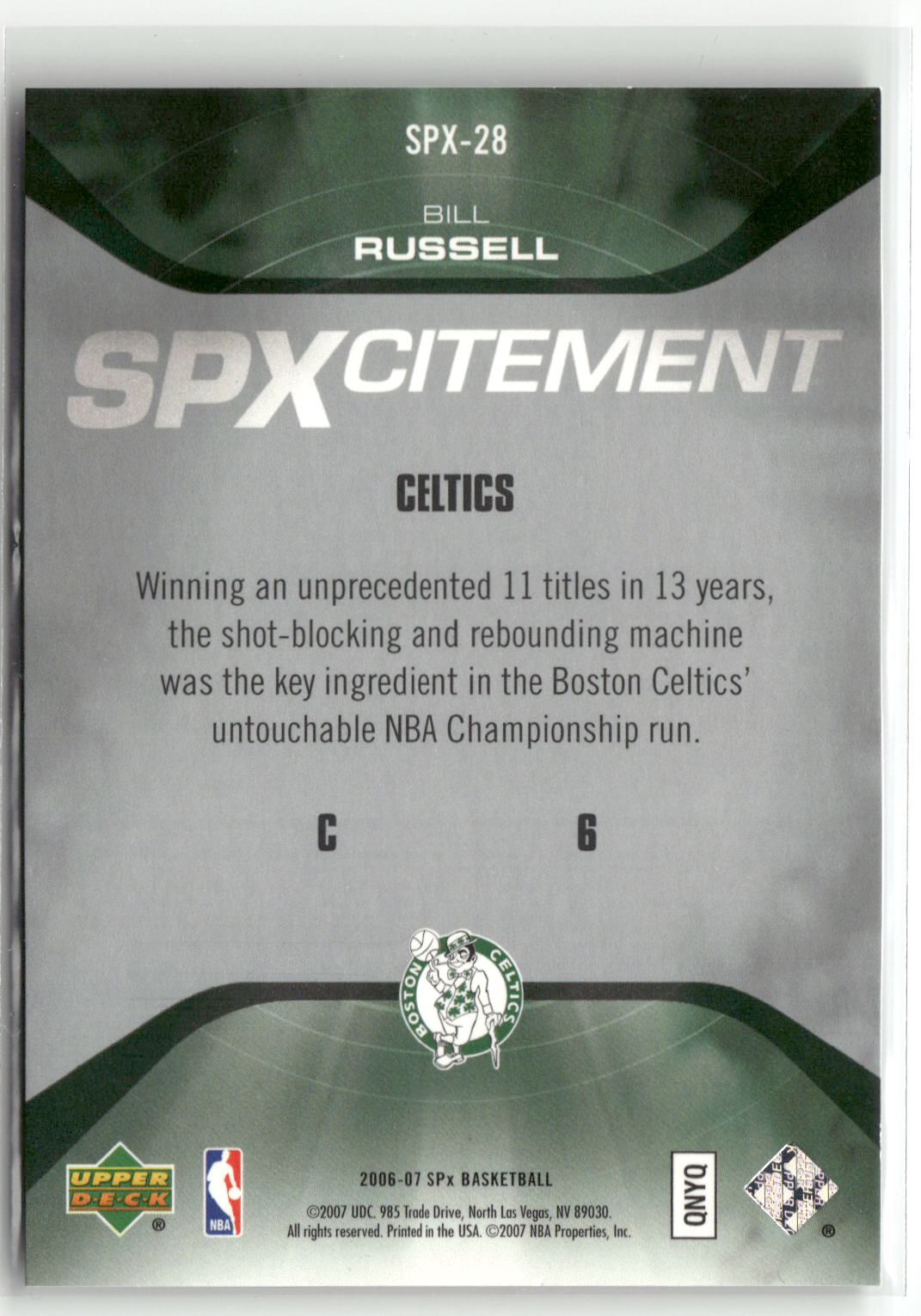 2006-07 SPx #SPX-28 Bill Russell SPXcitement #/2999-2