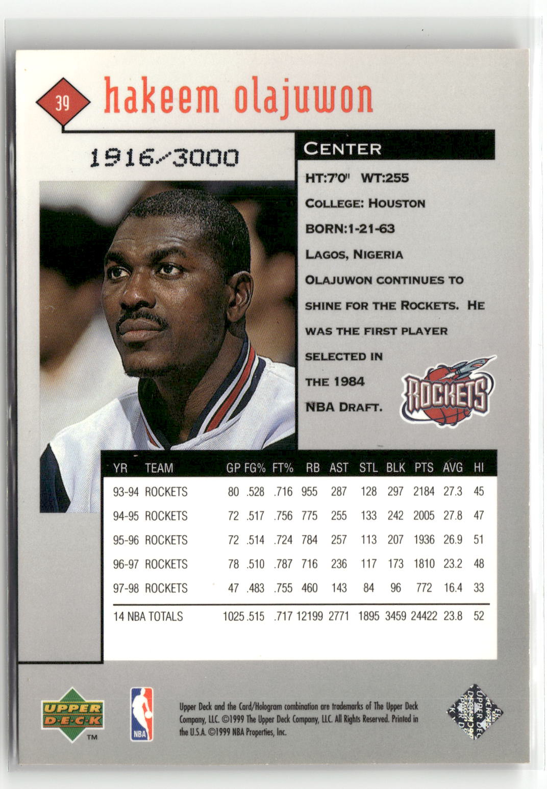 1998-99 Upper Deck Black Diamond #39 Hakeem Olajuwon Double Diamond #/3000-2
