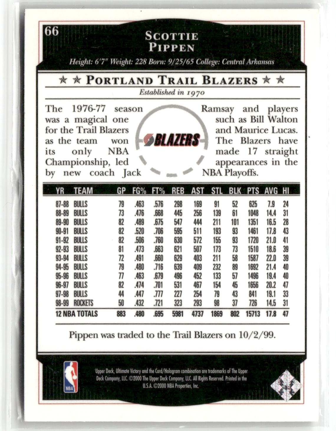 1999-00 Upper Deck Ultimate Victory #66 Scottie Pippen Victory Collection-2
