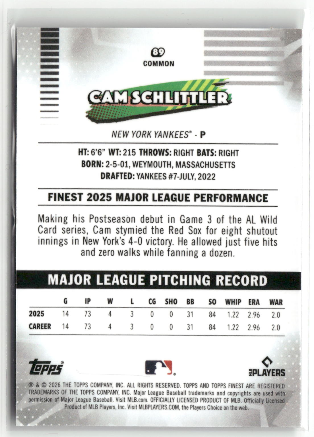 2026 Finest #89 Cam Schlittler Mini-Diamond Refractors-2