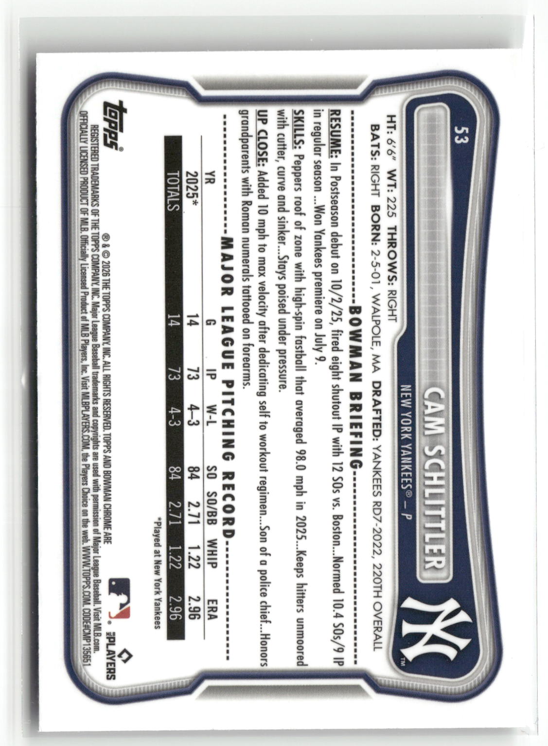 2026 Bowman #53 Cam Schlittler Chrome Mojo Refractors-2