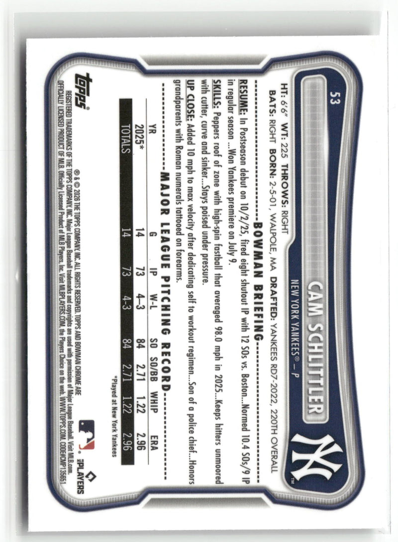 2026 Bowman #53 Cam Schlittler Chrome Mojo Refractors-2