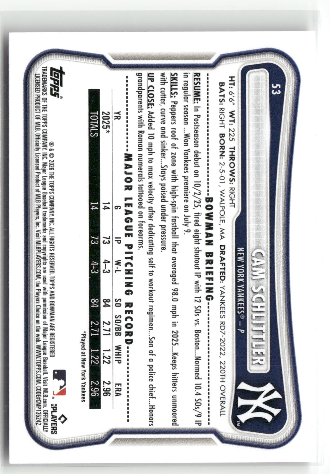 2026 Bowman #53 Cam Schlittler-2