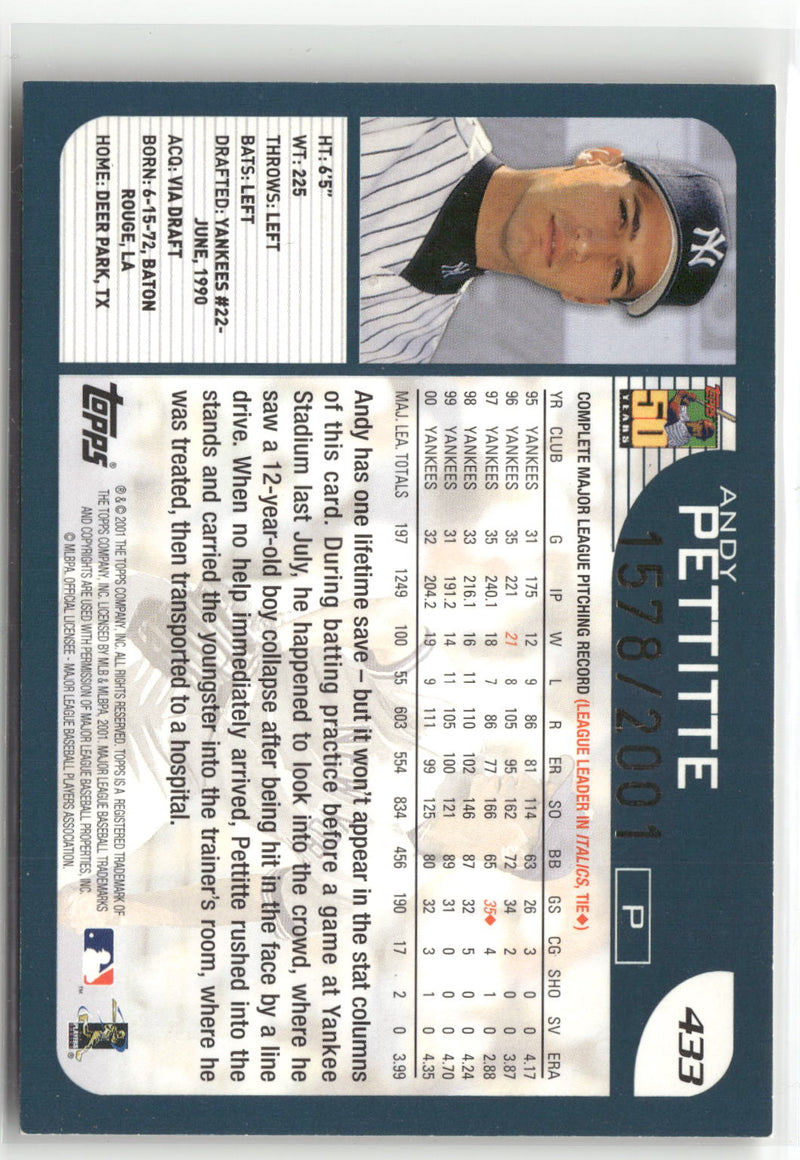 2001 Topps #433 Andy Pettitte Gold #/2001 (VG, Check Scans)-2