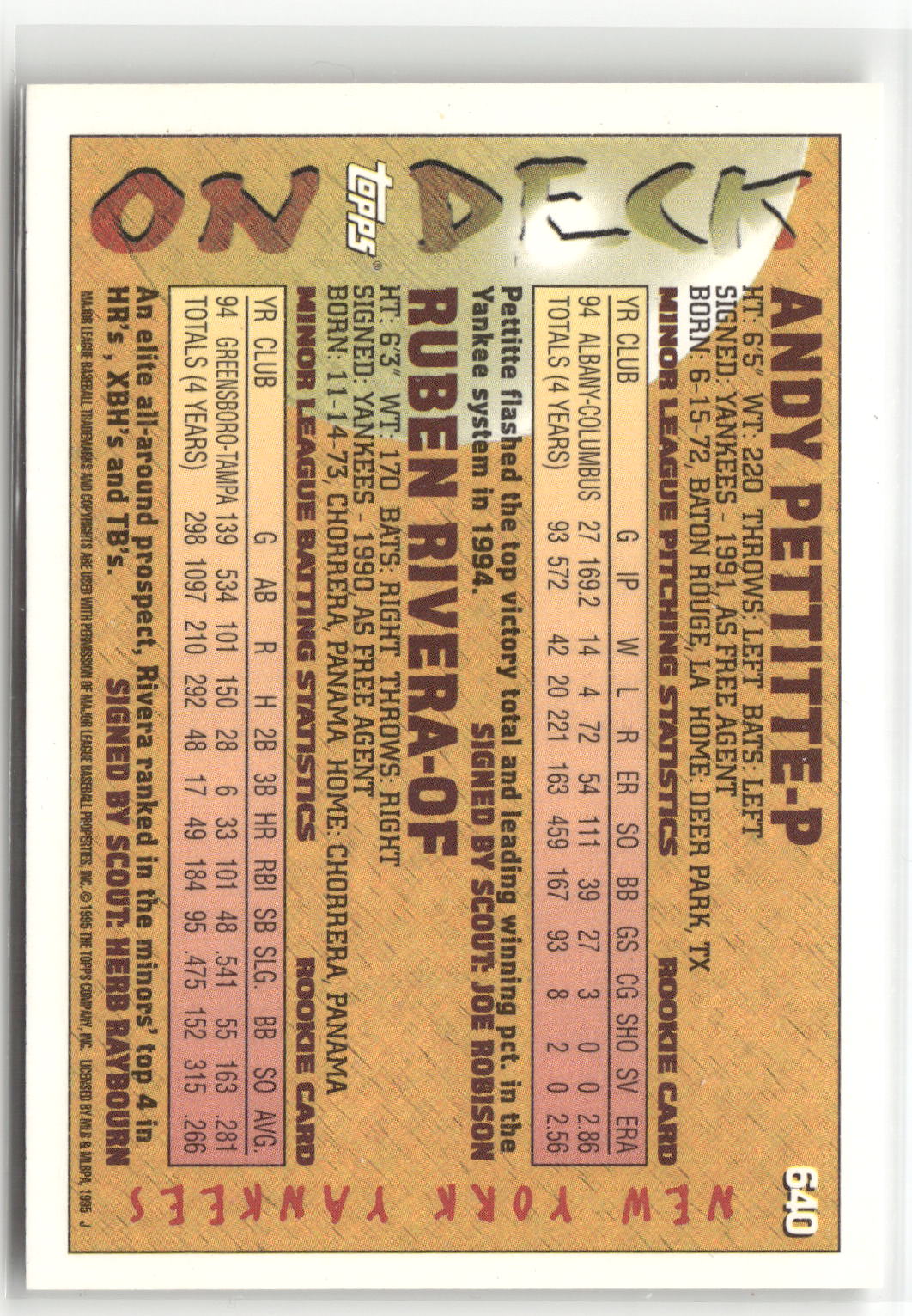 1995 Topps #640 Ruben Rivera / Andy Pettitte-2