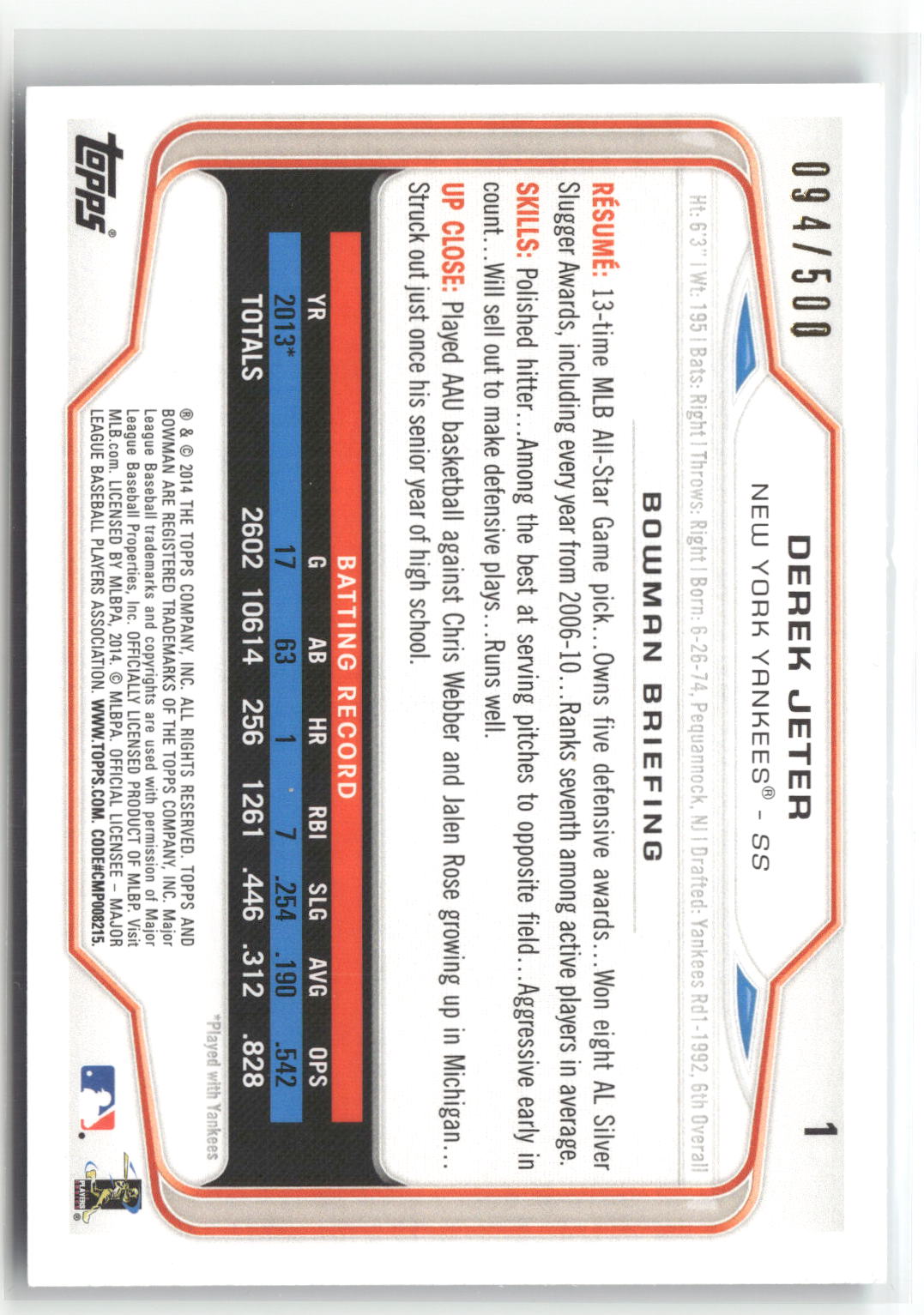 2014 Bowman #1 Derek Jeter Blue #/500-2