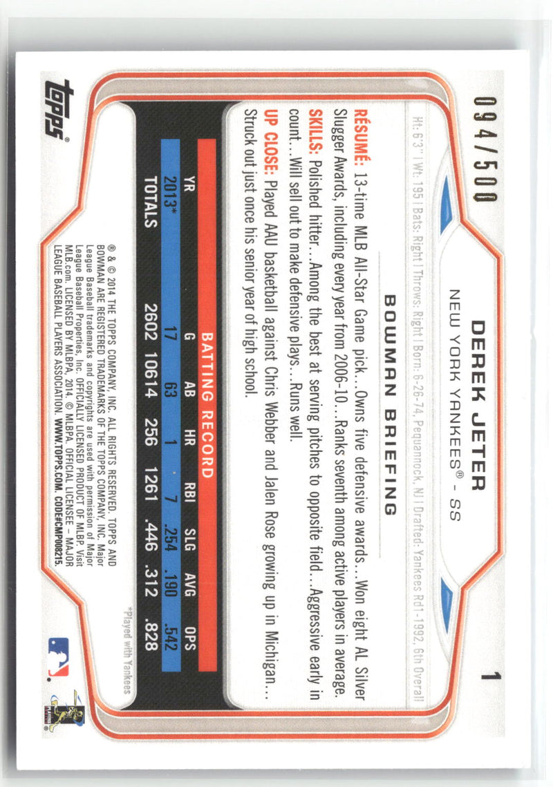 2014 Bowman #1 Derek Jeter Blue #/500-2