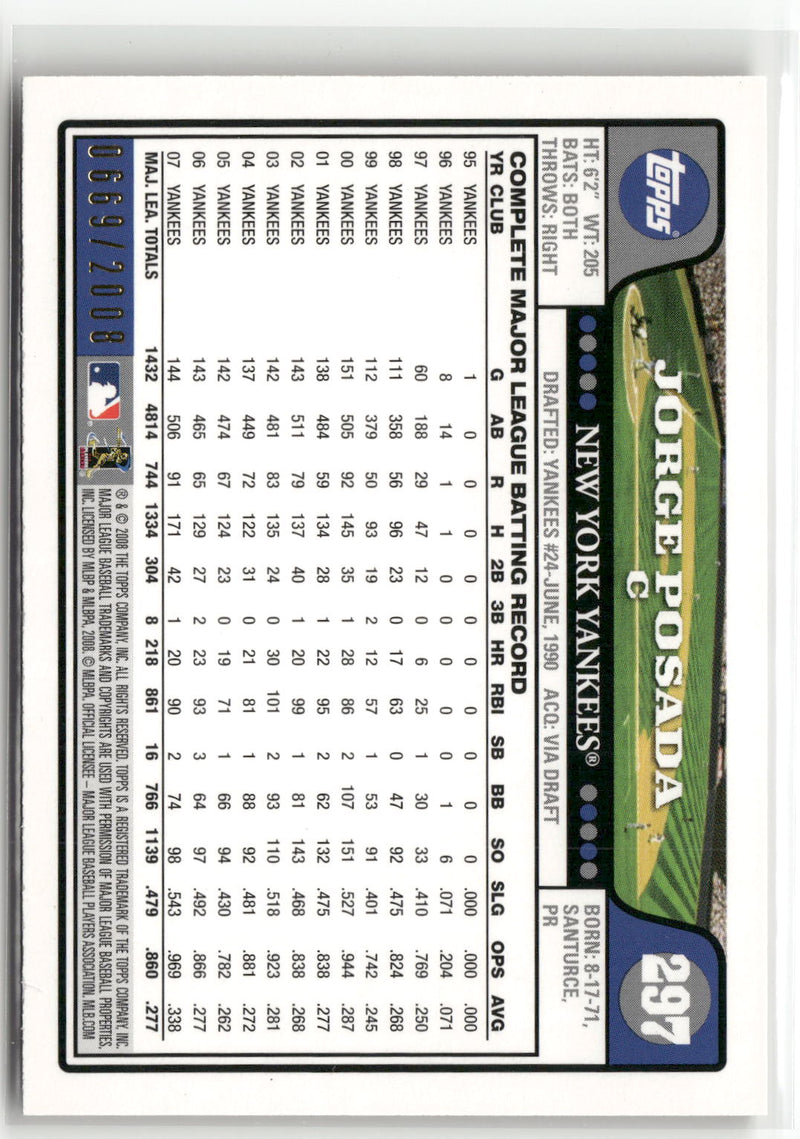 2008 Topps #297 Jorge Posada Gold #/2008-2