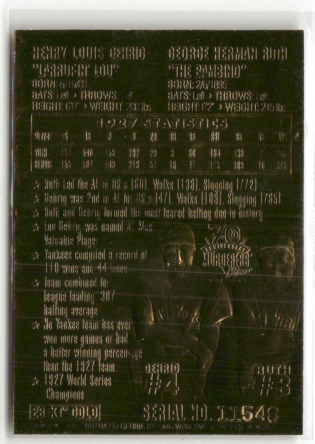 1997 Bleachers 23KT Gold Foil Sculptured #NNO Babe Ruth / Lou Gehrig-2