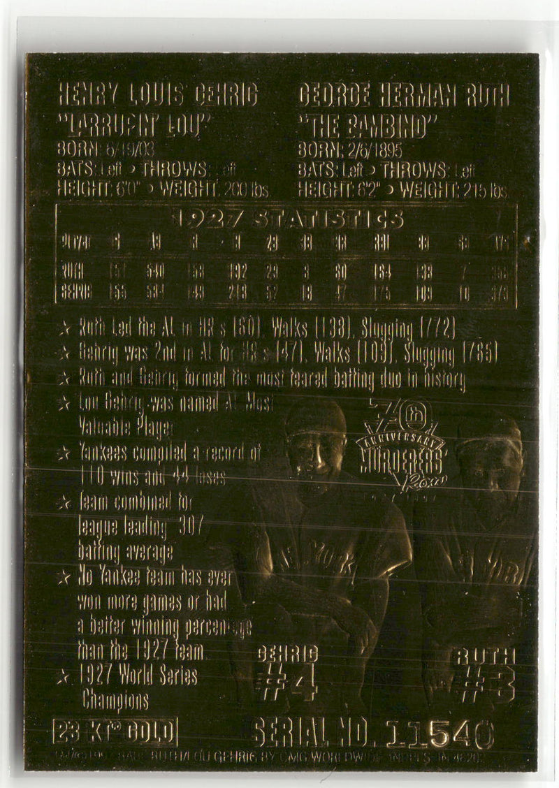 1997 Bleachers 23KT Gold Foil Sculptured #NNO Babe Ruth / Lou Gehrig-2
