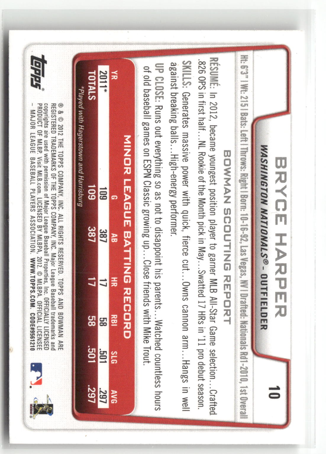 2012 Bowman Draft Picks & Prospects #10 Bryce Harper-2