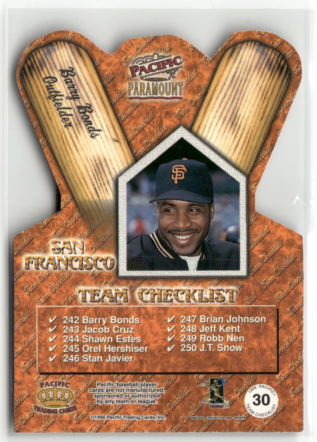 1998 Pacific Paramount #30 Barry Bonds Team Checklists-2