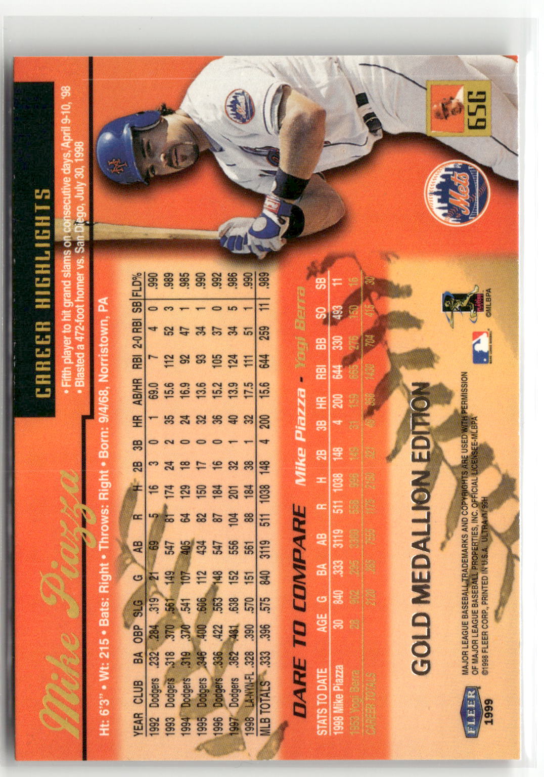 1999 Ultra #65G Mike Piazza Gold Medallion-2