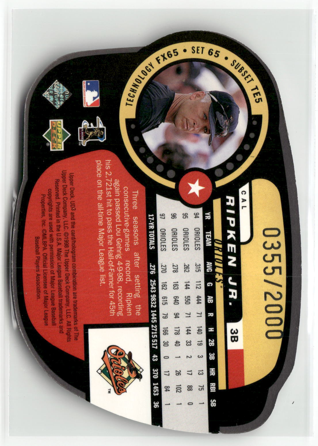 1998 Upper Deck UD3 #65 Cal Ripken Jr. Die Cuts #/2000-2