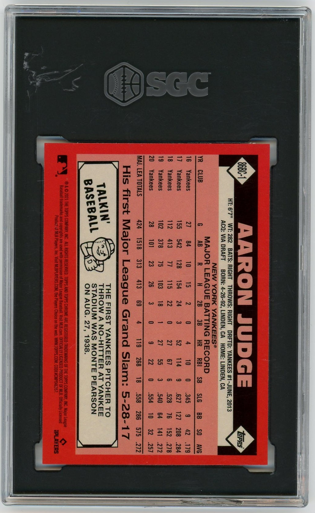 2021 Topps Chrome #86BC-1 Aaron Judge 1986 Baseball 35th Anniversary SGC 10-2