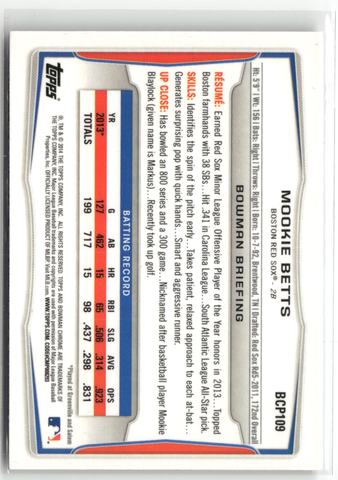 2014 Bowman #BCP109 Mookie Betts Chrome Prospects-2