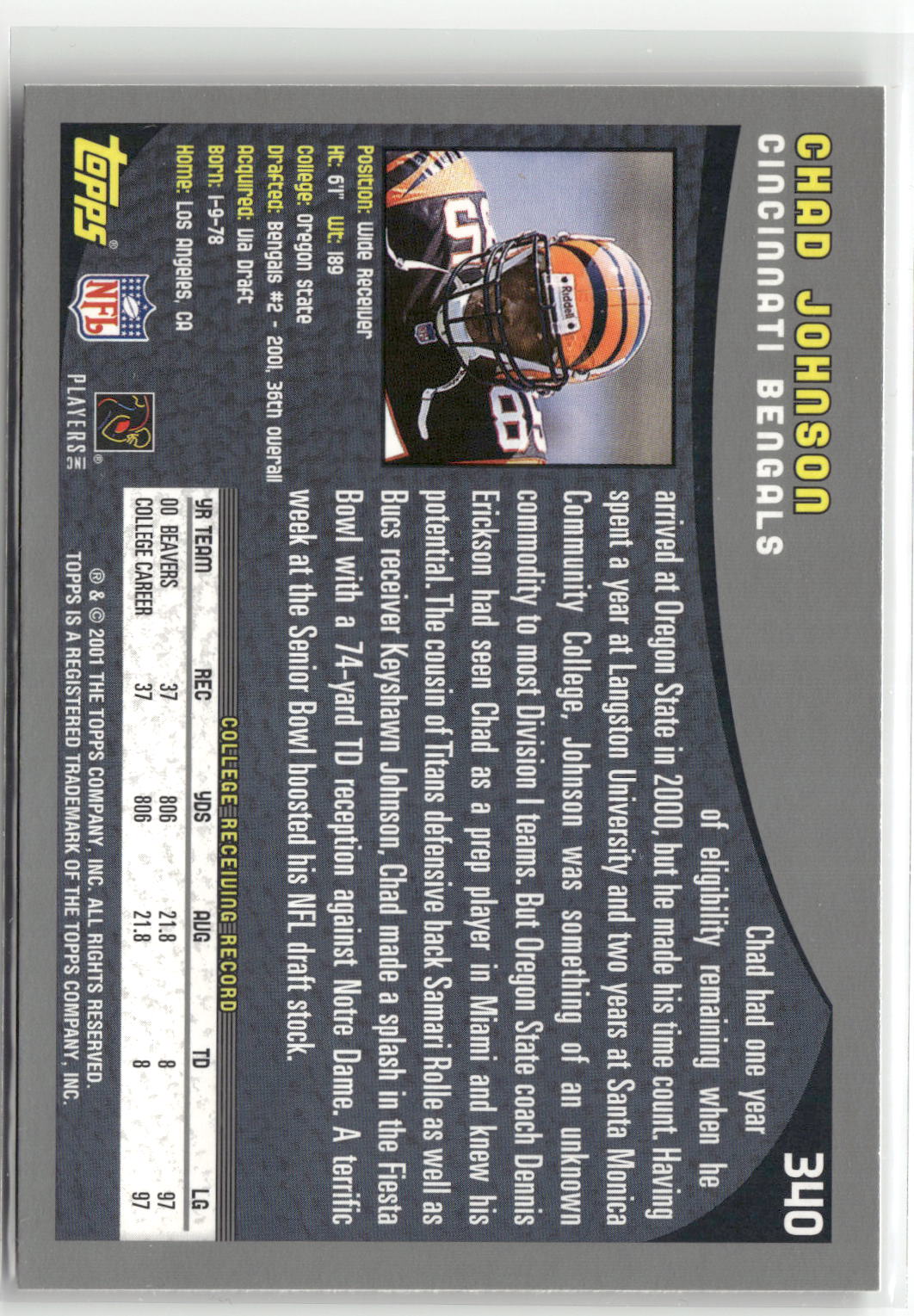 2001 Topps #340 Chad Johnson-2