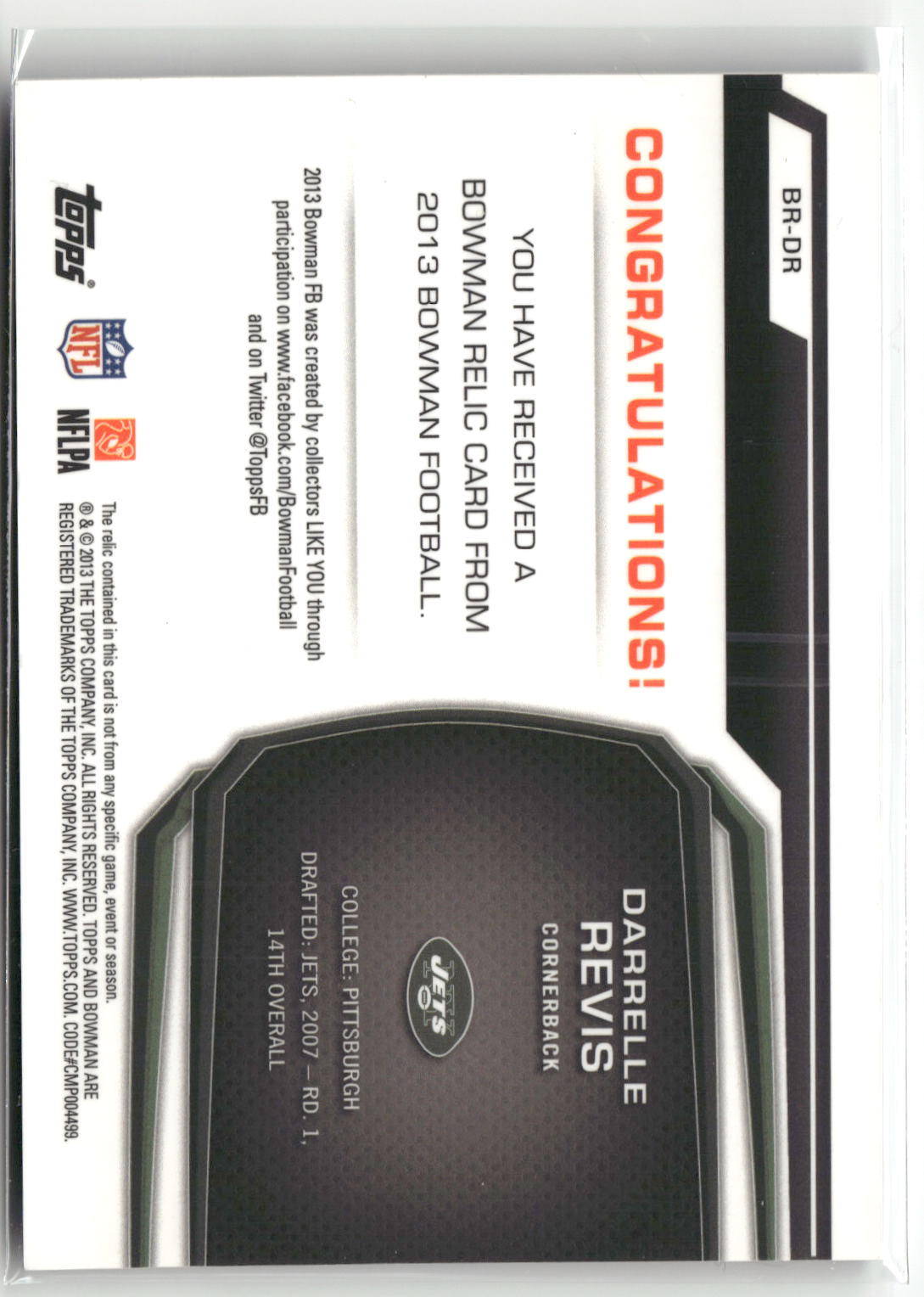 2013 Bowman #BR-DR Darrelle Revis Relics Blue #/99-2