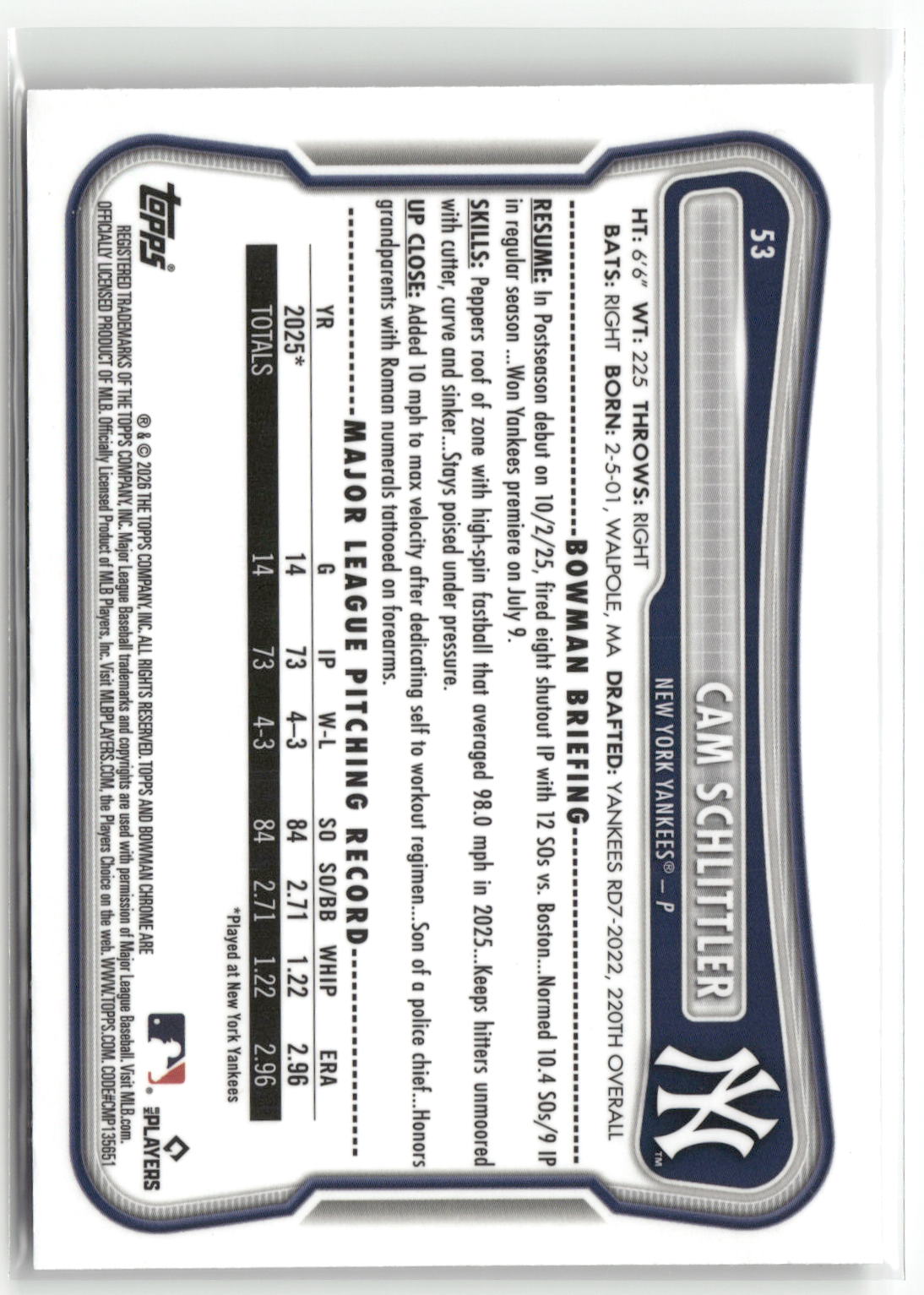 2026 Bowman #53 Cam Schlittler Chrome Mojo Refractors-2