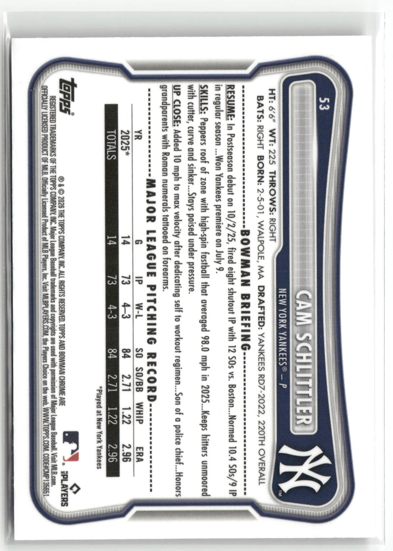 2026 Bowman #53 Cam Schlittler Chrome Mojo Refractors-2