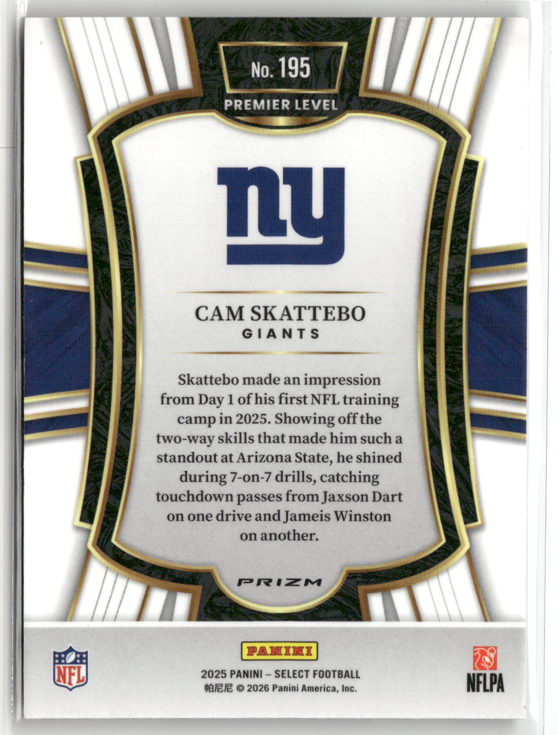 2025 Panini Select #195 Cam Skattebo Black and Red Prizm Shock-2