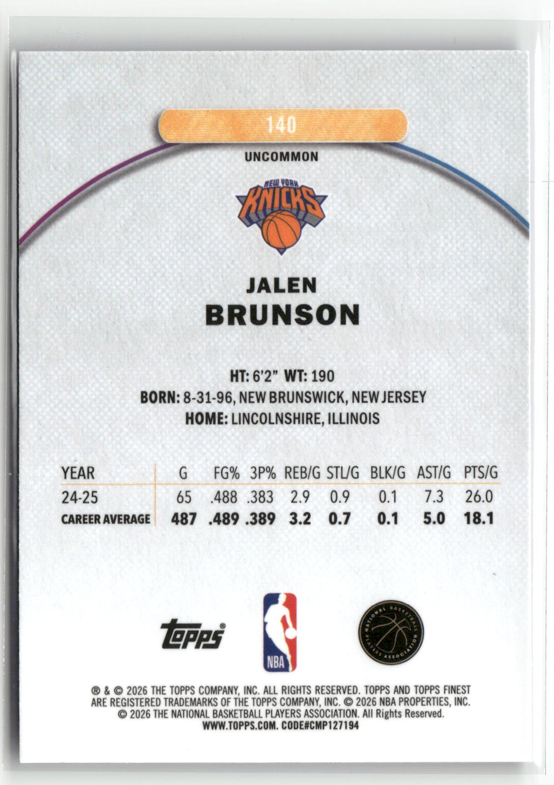 2025-26 Finest #140 Jalen Brunson Blue X-Fractor #/75-2