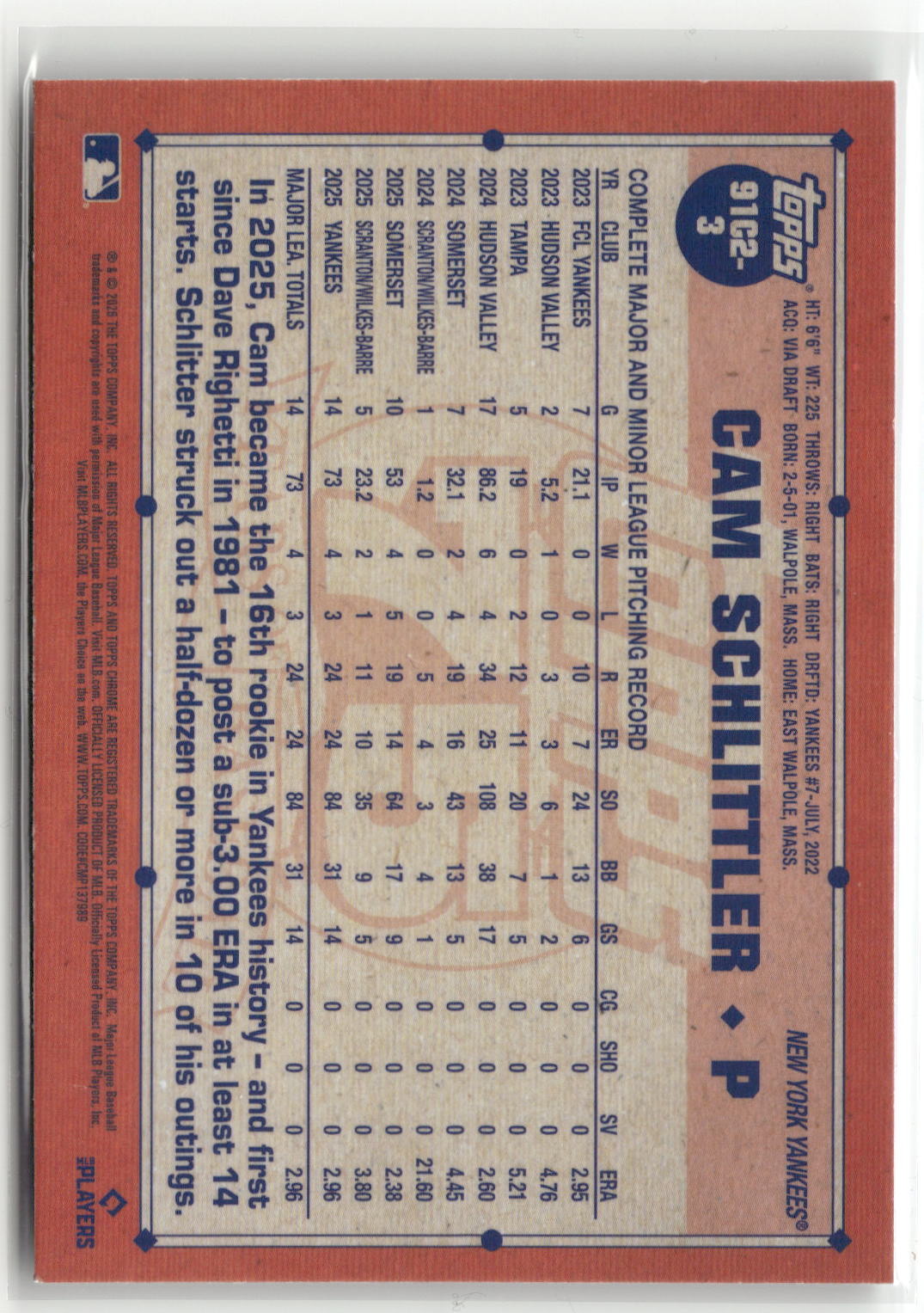 2026 Topps S2 #91C2-3 Cam Schlittler 1991 Baseball 35th Anniversary Chrome-2