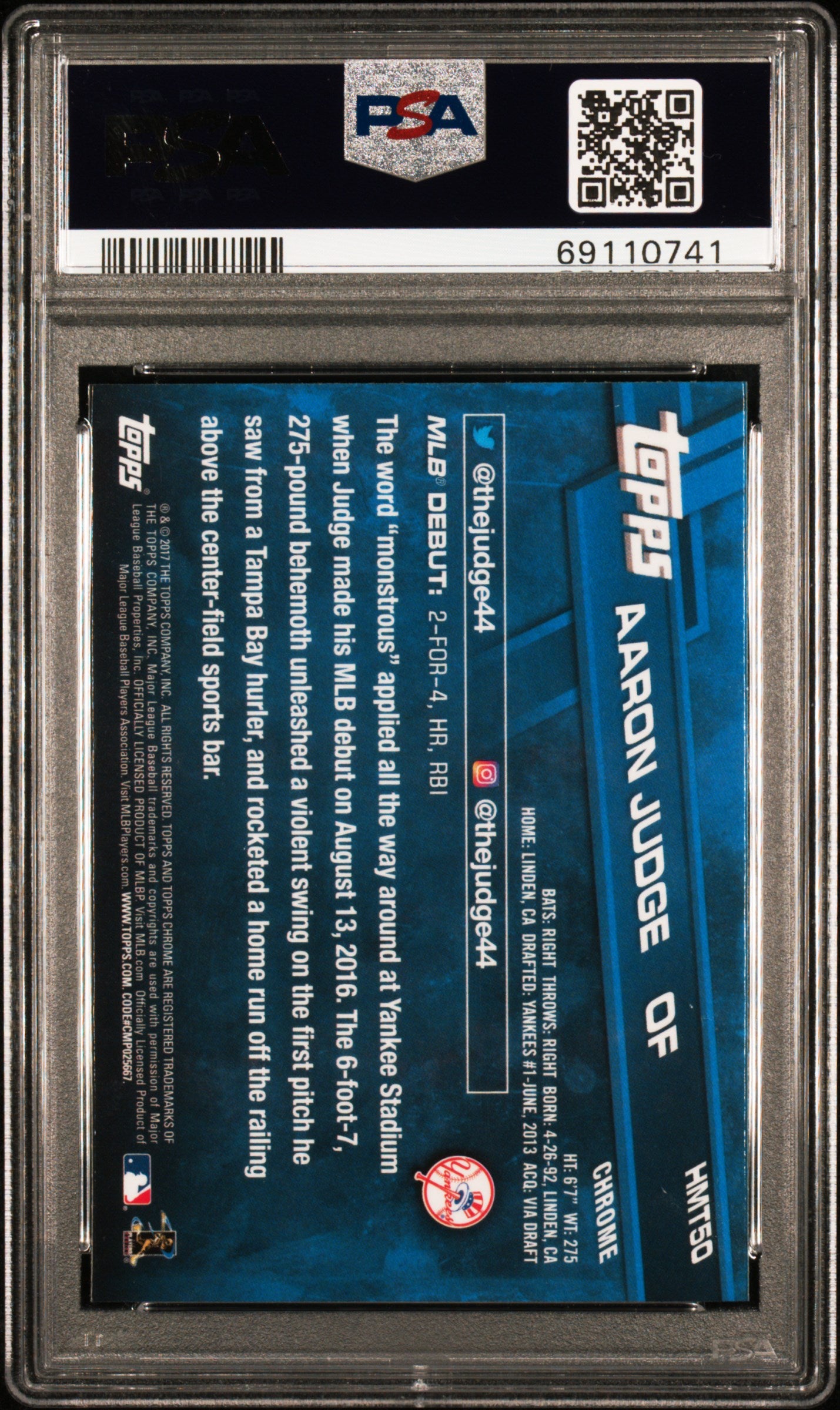 2017 Topps Chrome Update #HMT50 Aaron Judge Update PSA 10-2