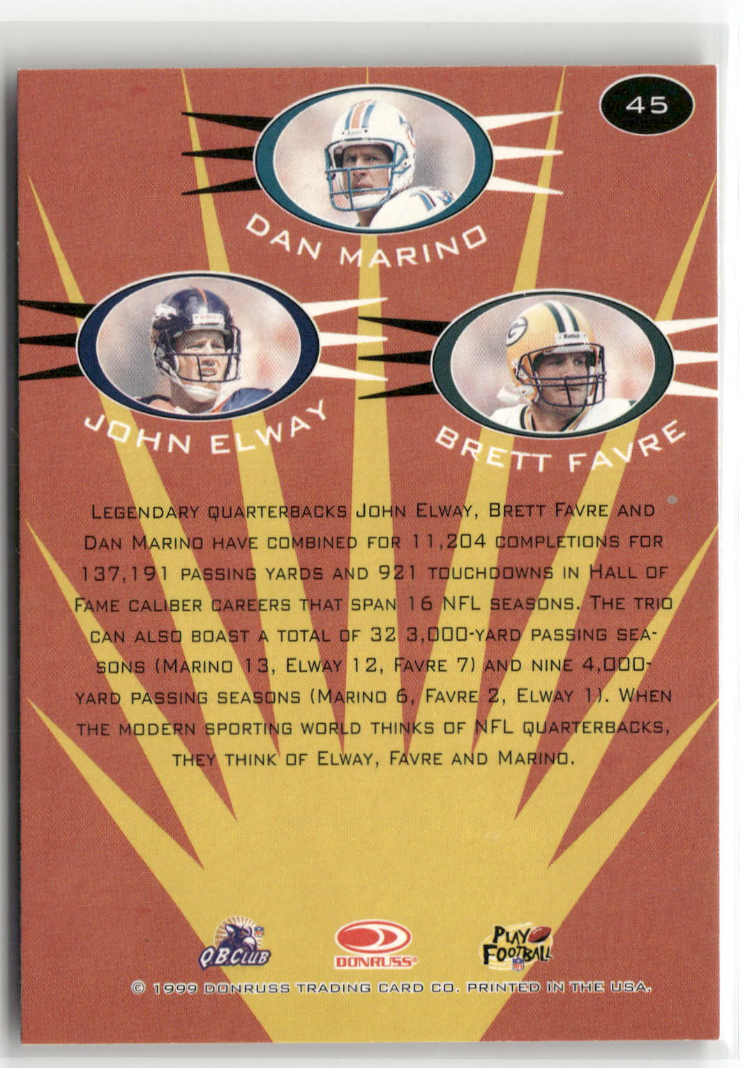 1999 Donruss Preferred QBC #45 Dan Marino / Brett Favre / John Elway-2