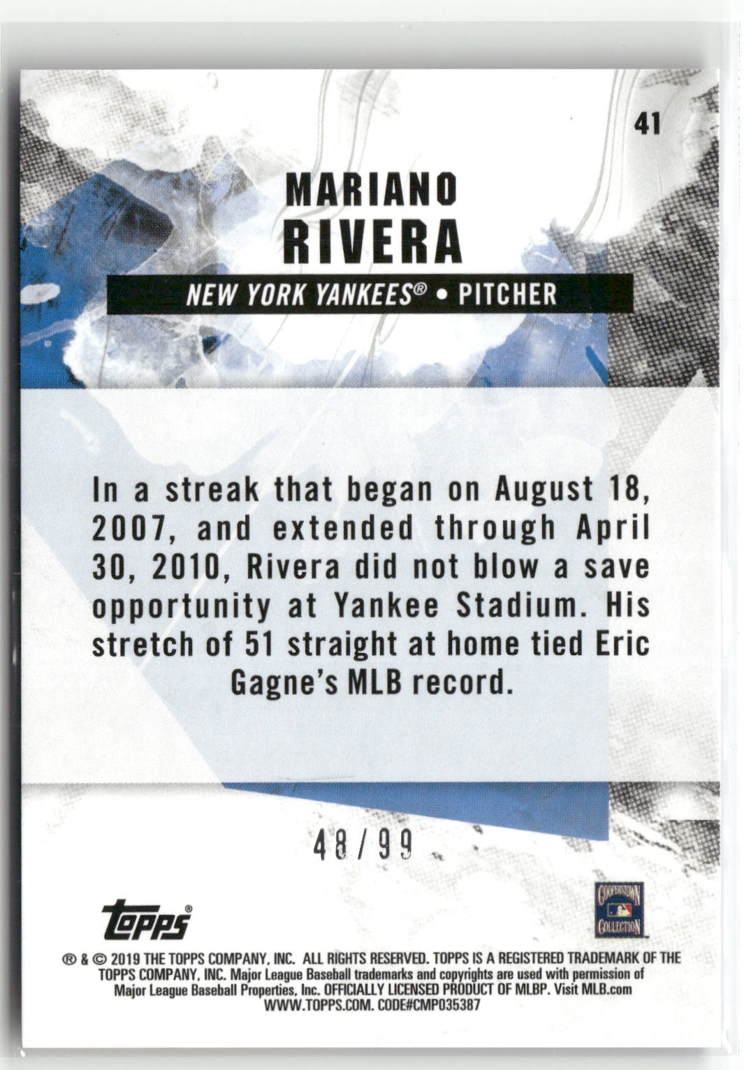 2019 Topps Fire #41 Mariano Rivera Purple #/99-2