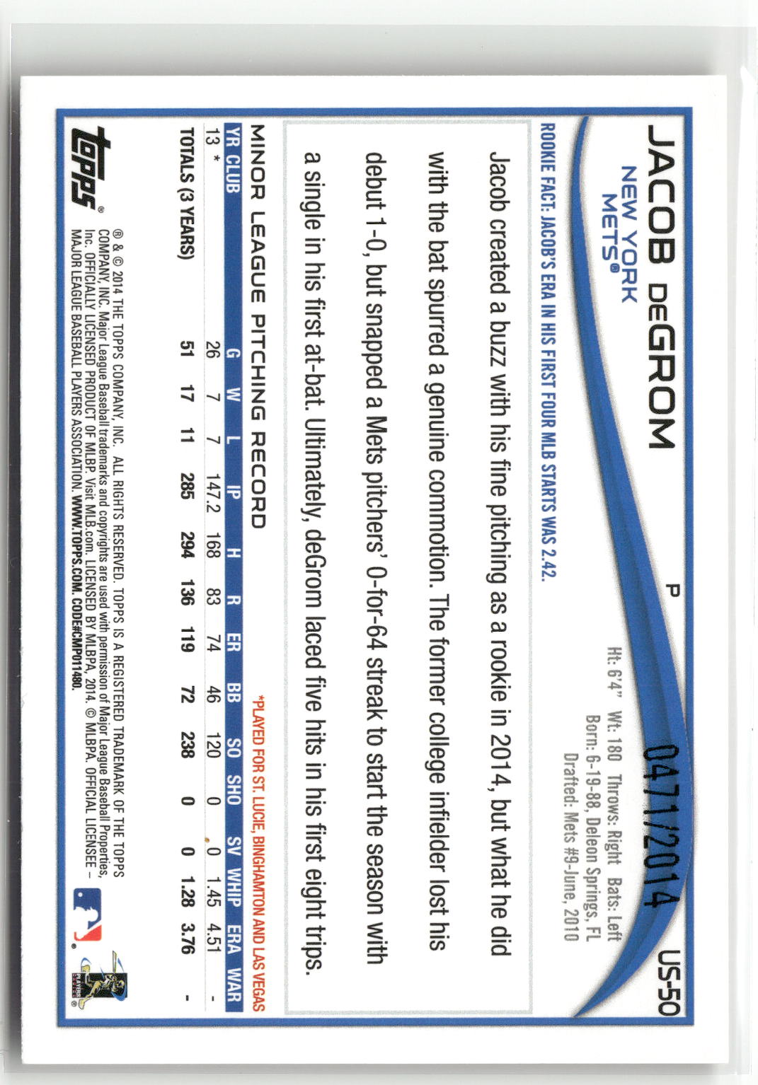 2014 Topps Update #US-50 Jacob deGrom Gold #/2014-2