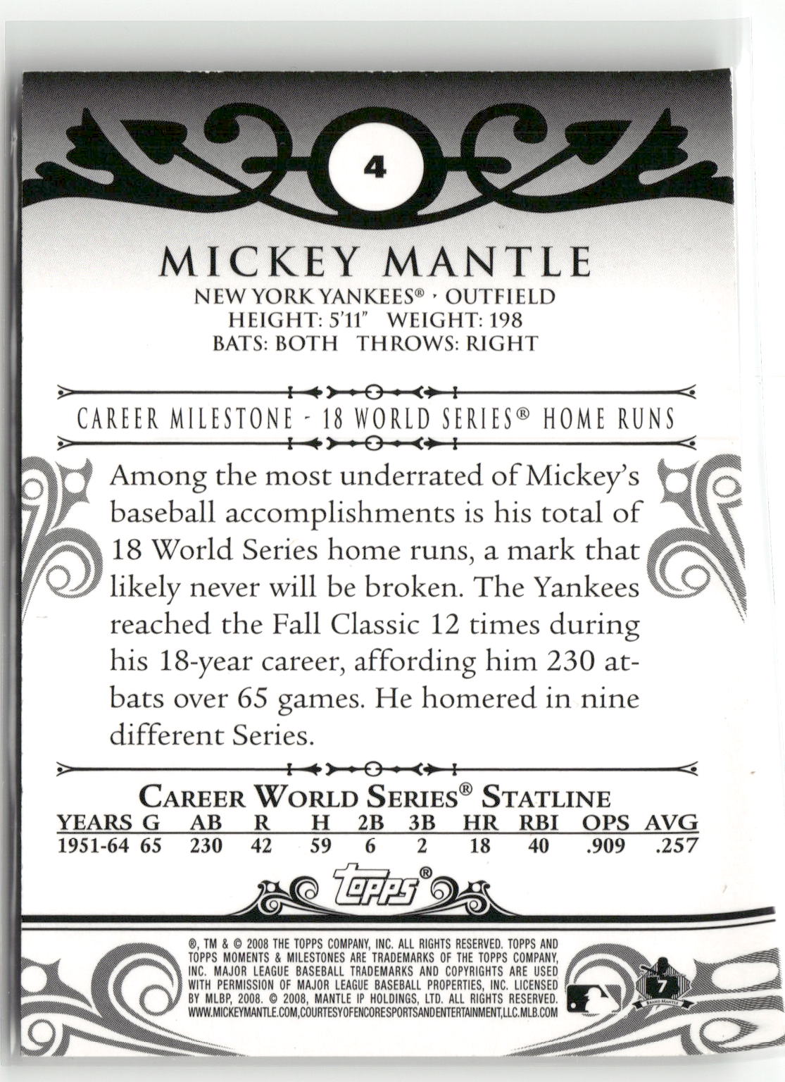 2008 Topps Moments & Milestones #4-11 Mickey Mantle Black 01/25-2