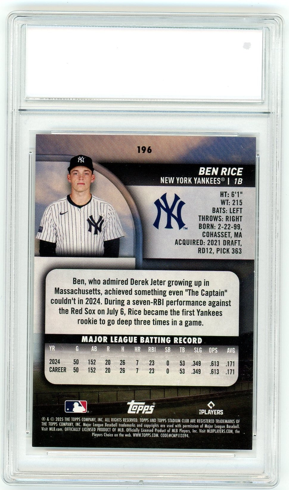 2025 Stadium Club #196 Ben Rice PGI 10-2