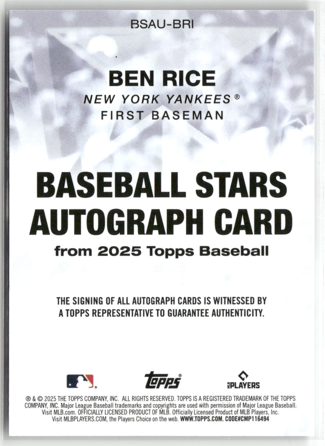 2025 Topps Update #BSAU-BRI Ben Rice Baseball Stars Autographs-2