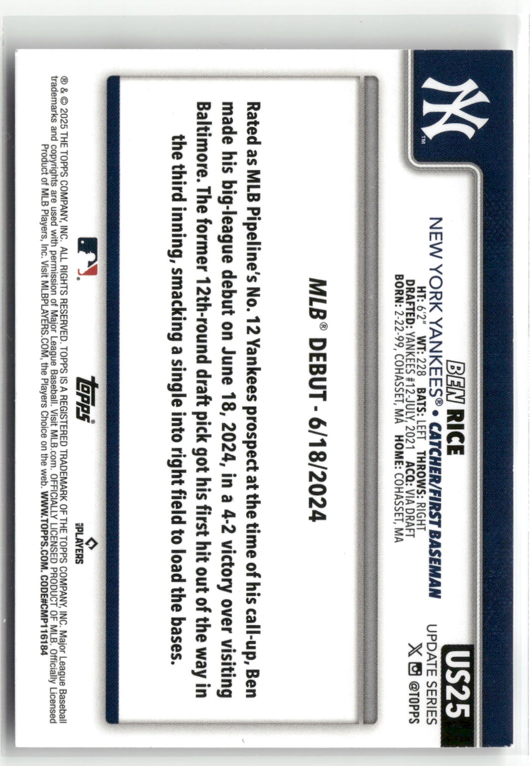 2025 Topps Update #US25 Ben Rice-2