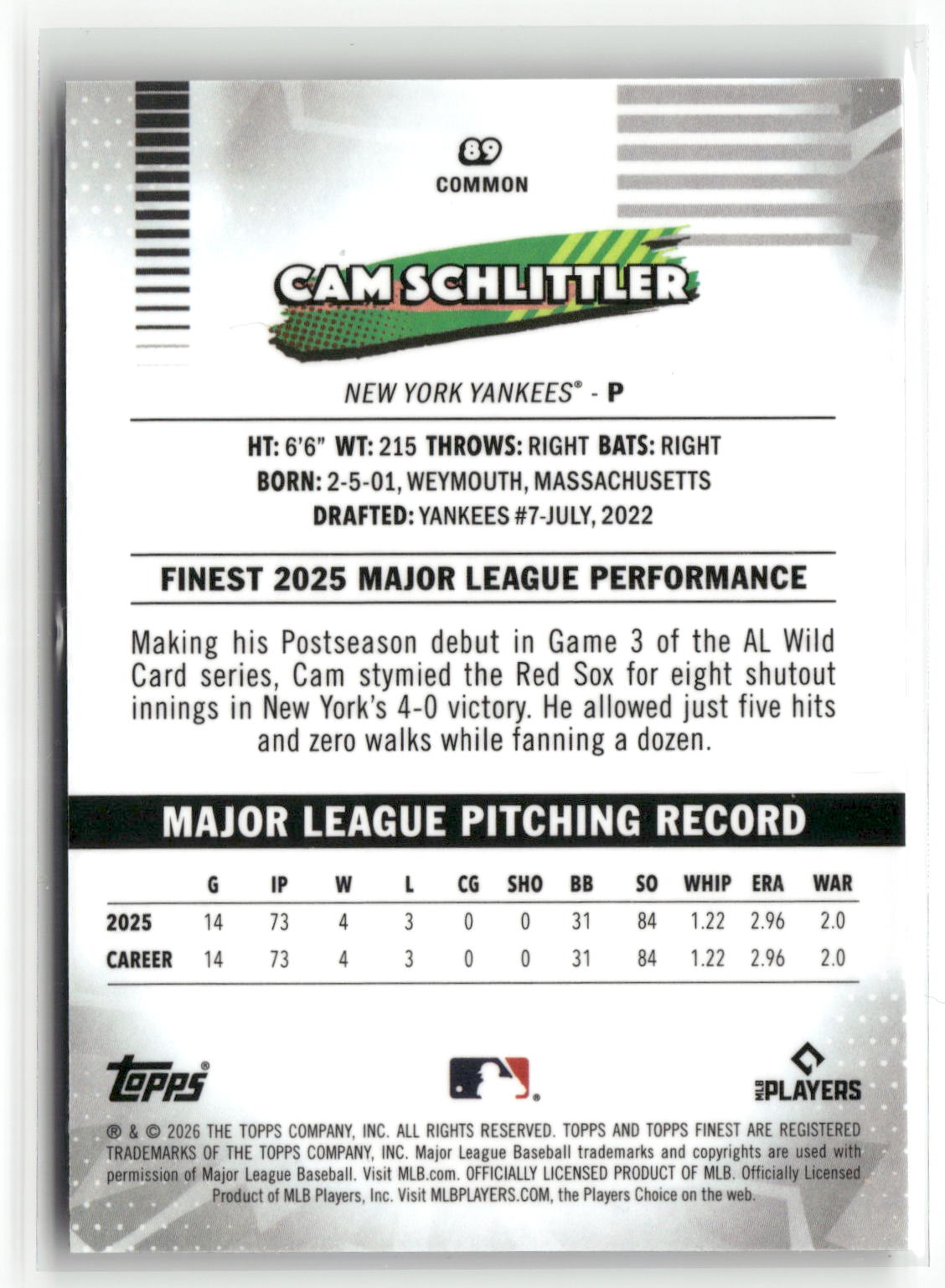 2026 Finest #89 Cam Schlittler Mini-Diamond Refractors-2