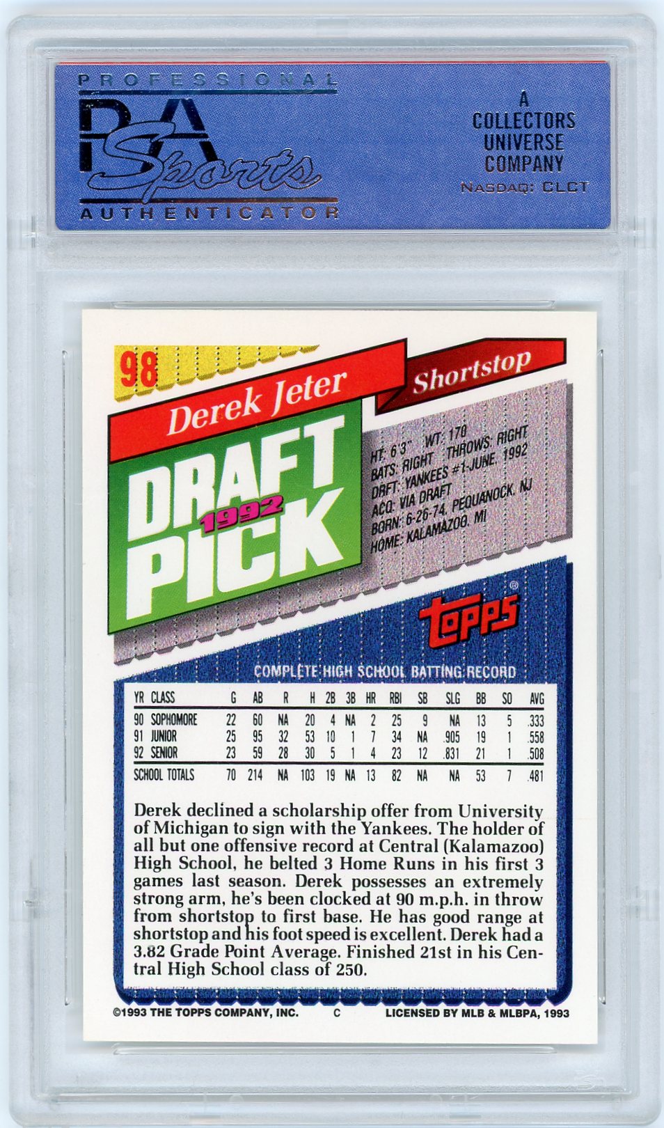 1993 Topps #98 Derek Jeter PSA 9-2