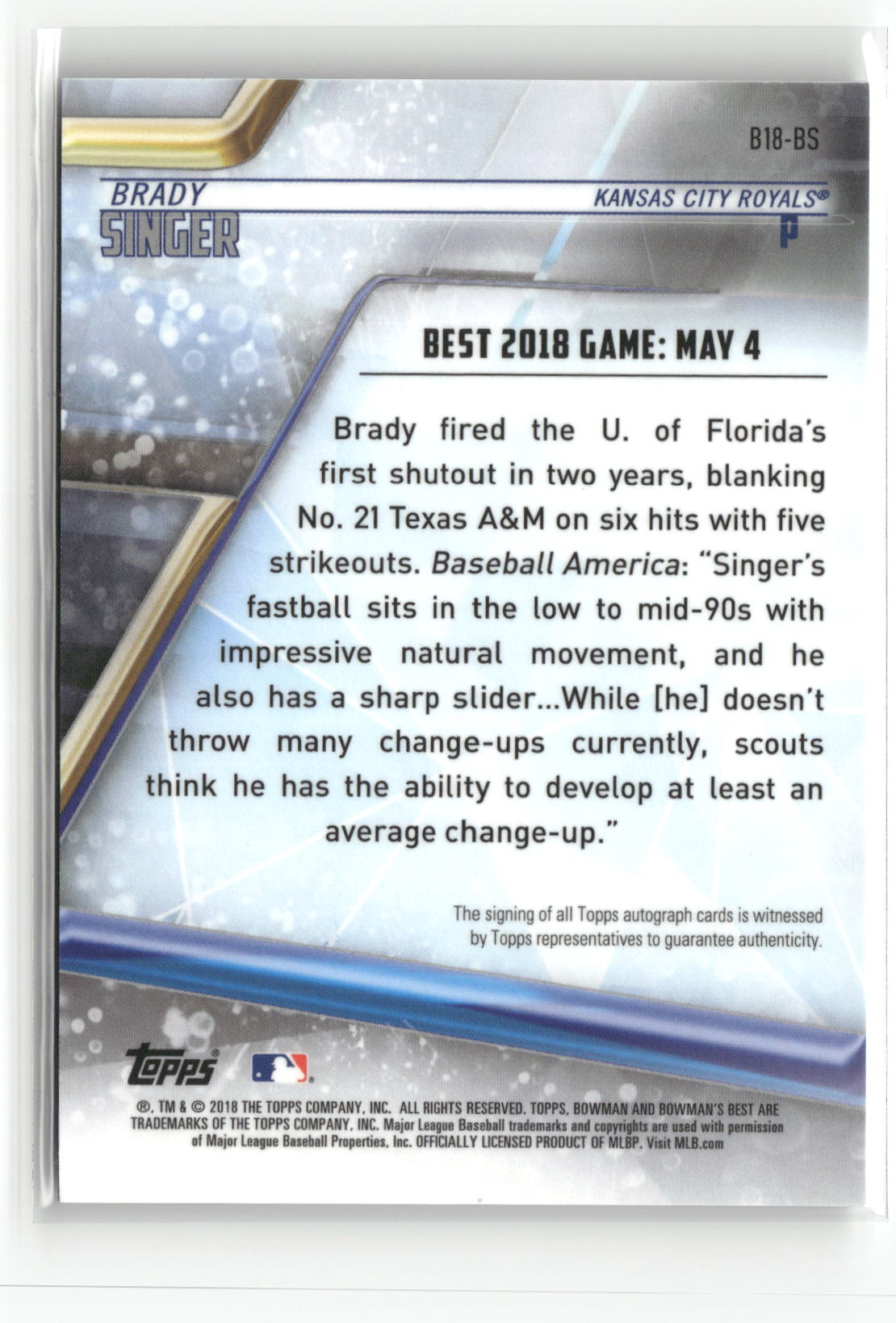 2018 Bowman's Best #B18-BS Brady Singer Best of 2018 Autographs-2
