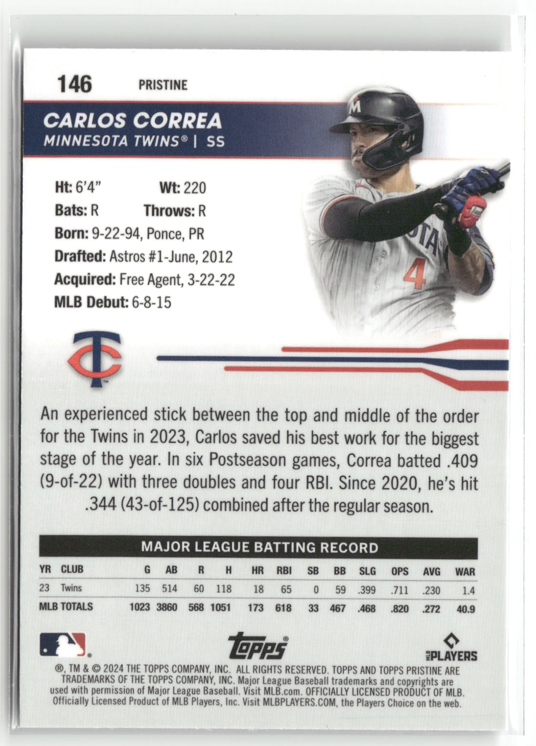2024 Topps Pristine #146 Carlos Correa Pristine Refractors-2