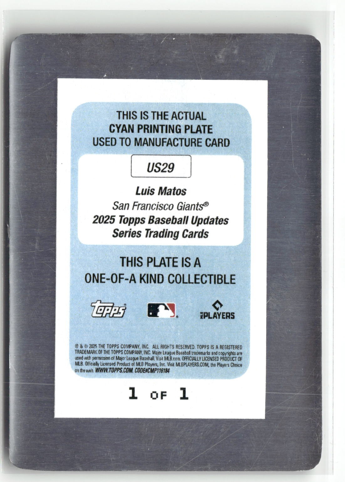2025 Topps Update #US29 Luis Matos Printing Plates Cyan #/1-2